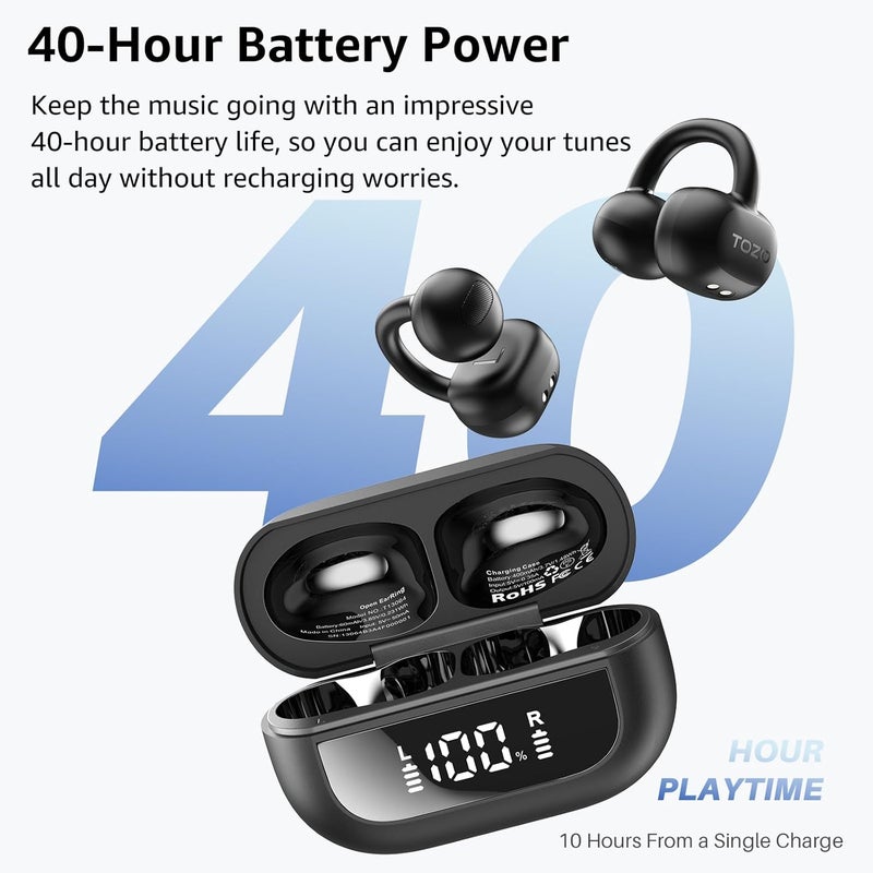 TOZO سماعات أذن مفتوحة True Open Ear Headphones، سماعات أذن لاسلكية خفيفة الوزن ومريحة، 40 ساعة تشغيل بتقنية Bluetooth 5.4 مع تصميم عرض رقمي ذكي مناسب للرياضة والجري، أسود - Image 5